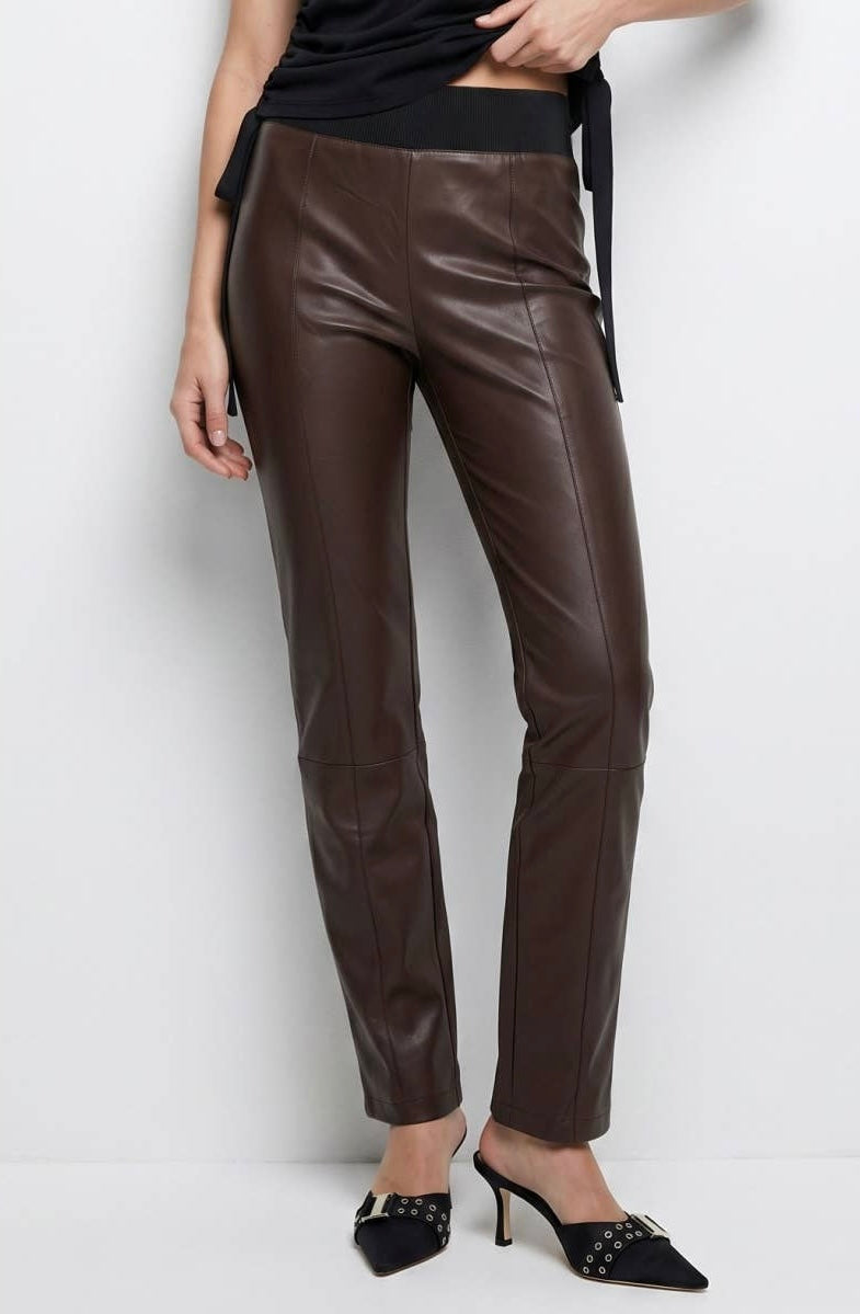 Chocolate Ribbed Waist Leather Leggings