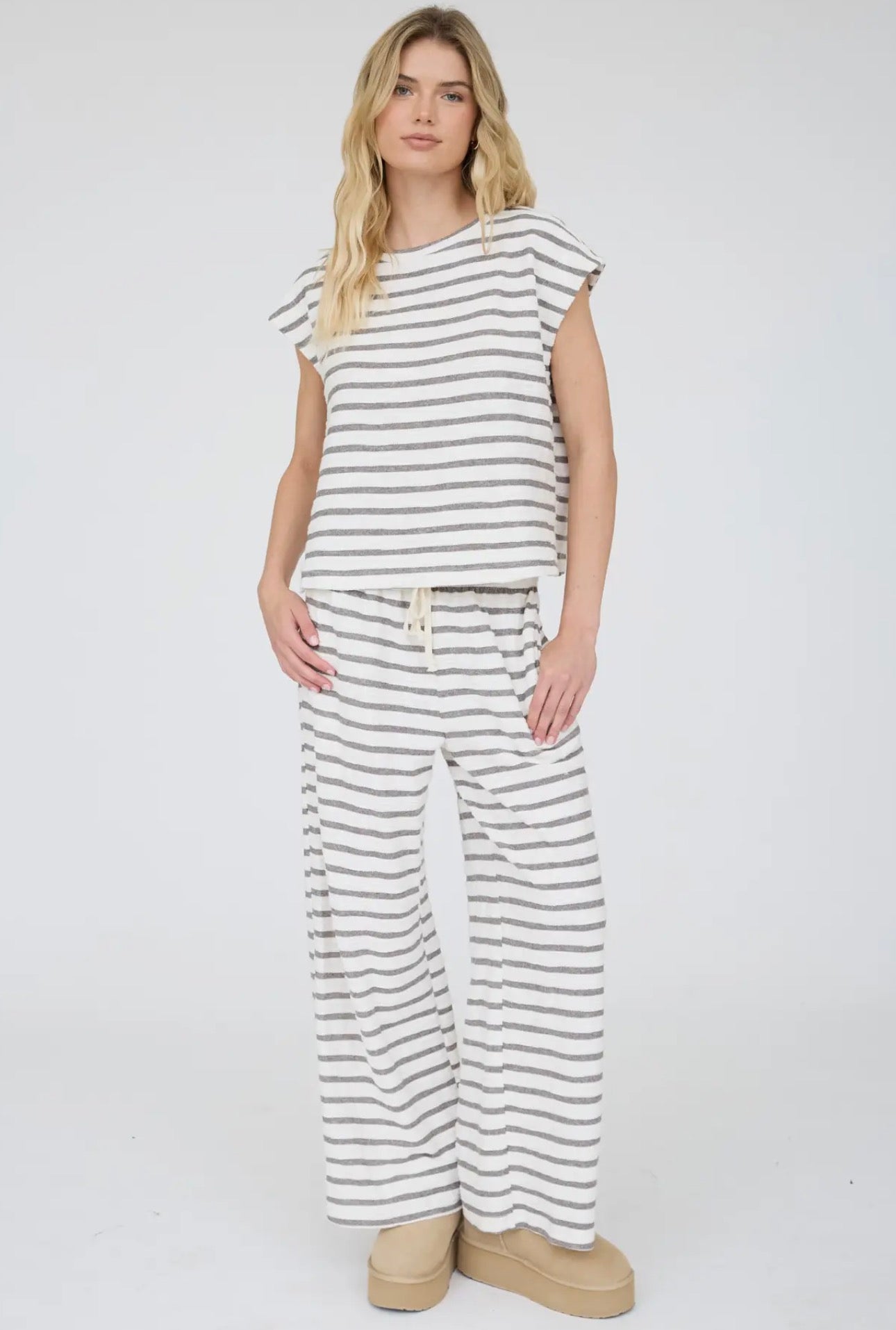 Ally Grey Stripe Round Neck Top & Pant Set