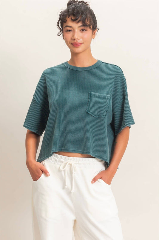 Mineral Wash Waffle Knit Pocket Top
