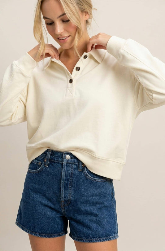 Cream Washed Button-Front Collared Sweatshirt