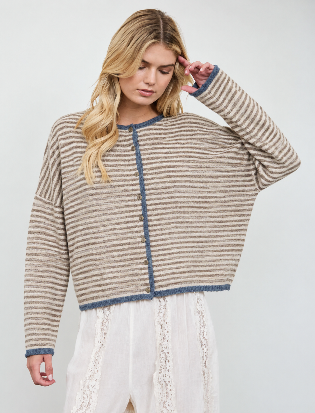 Tan Striped Button Sweater