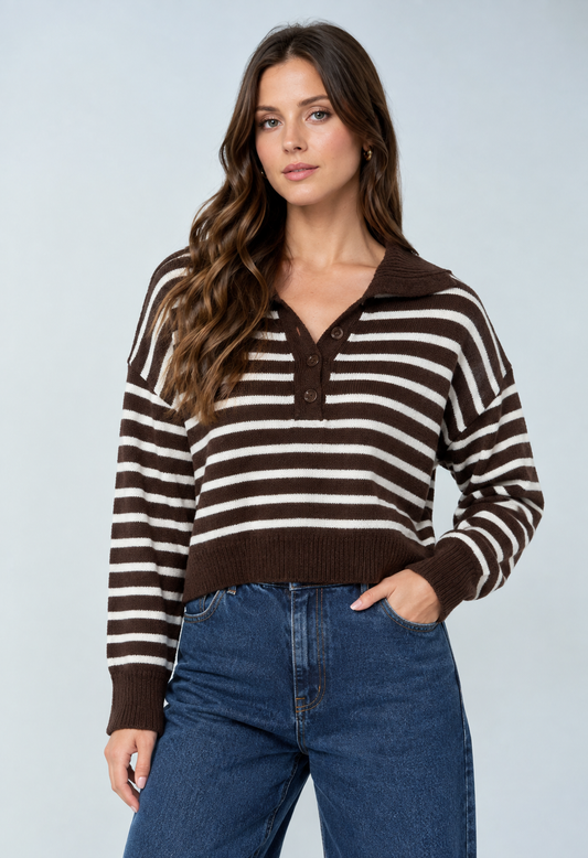 Brown Striped Half Button Sweater
