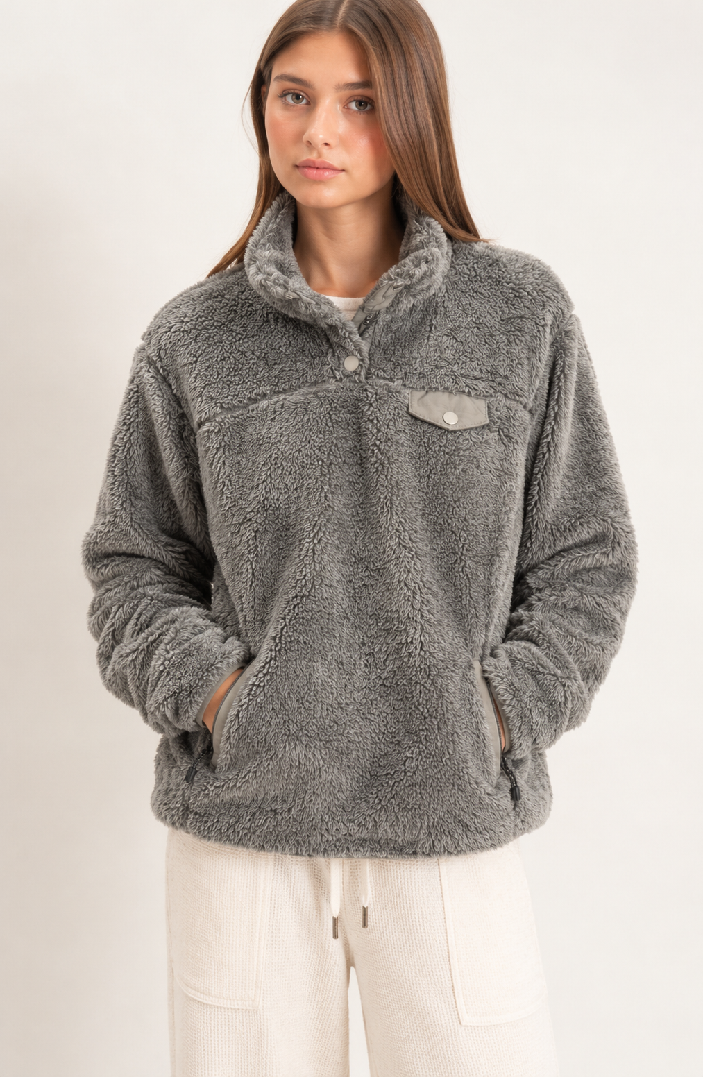 Grey Sherpa Button Pullover