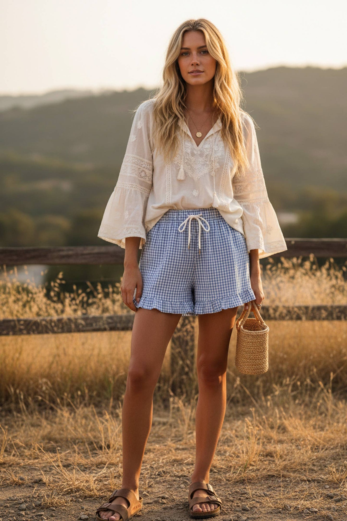 Blue Checkered Woven Ruffle Hem Shorts