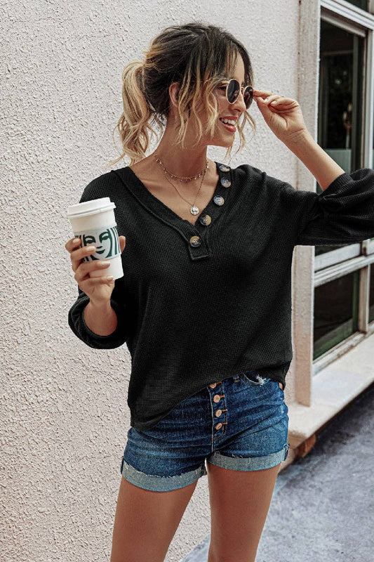 Solid Waffle Knit Button V-Neck Lantern Sleeve Shirt