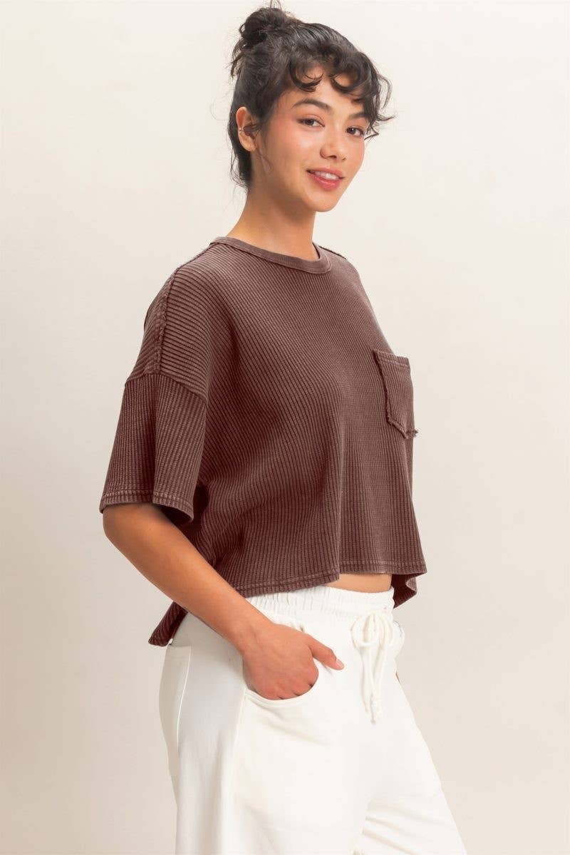 Mineral Wash Waffle Knit Pocket Top