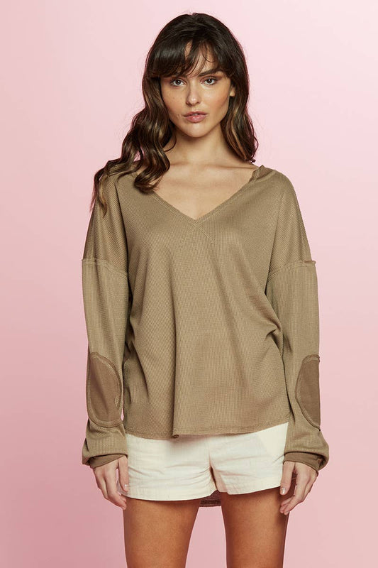 Elbow Patch Waffle Knit Long Sleeve Top
