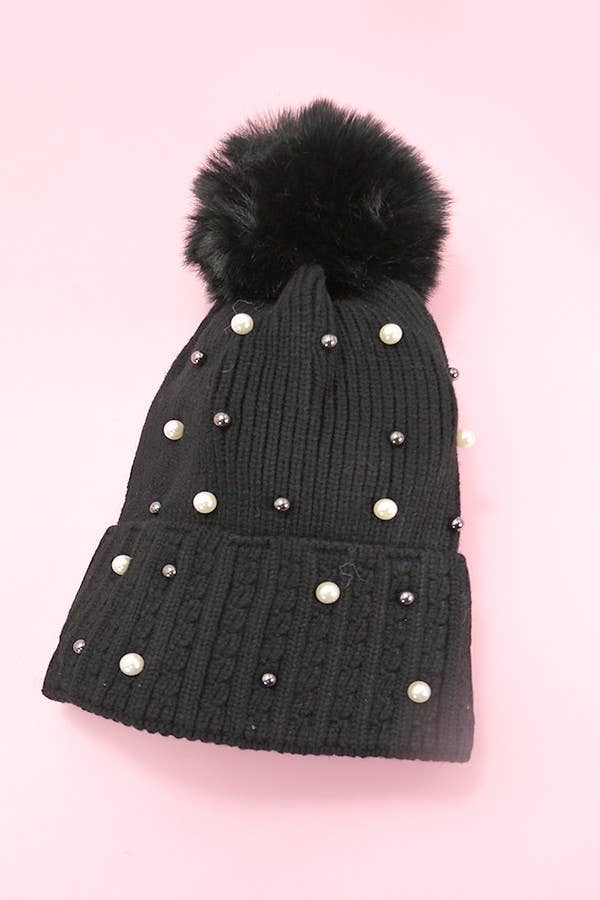Sequin Fur Pom Pom Beanie