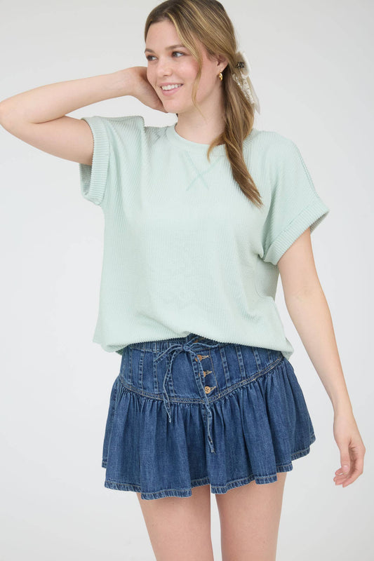 Ribbed Crew Neck Cuff Tee