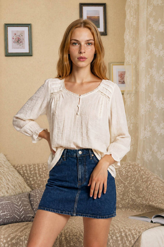 Cream Crochet Trim V-Neck Top