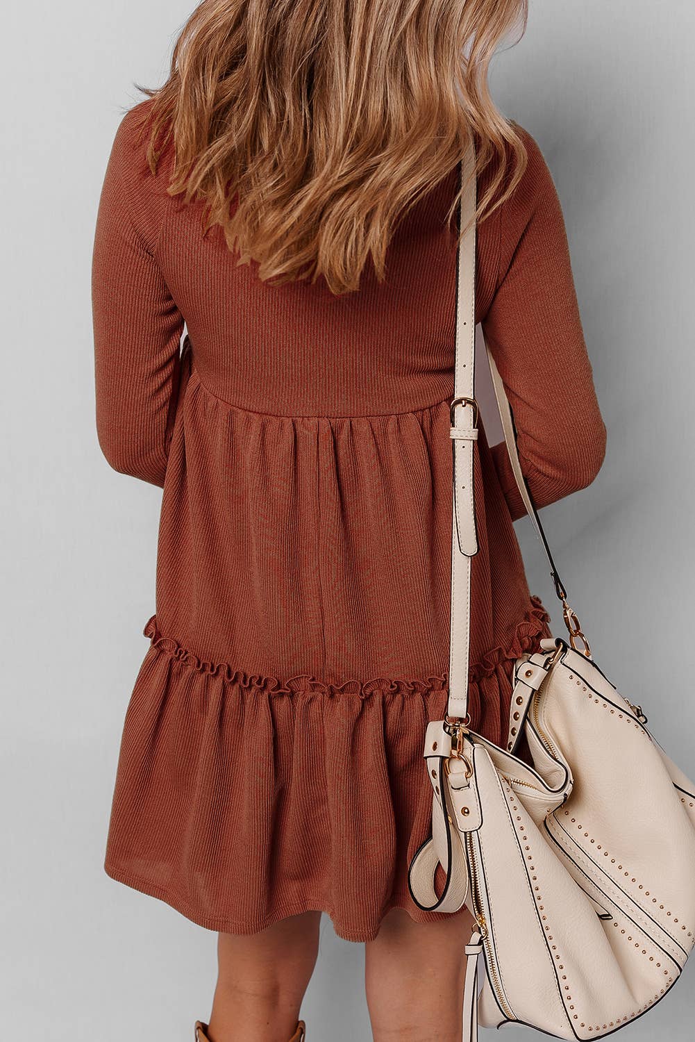 Ribbed Frilled Trim Long Sleeve Dress