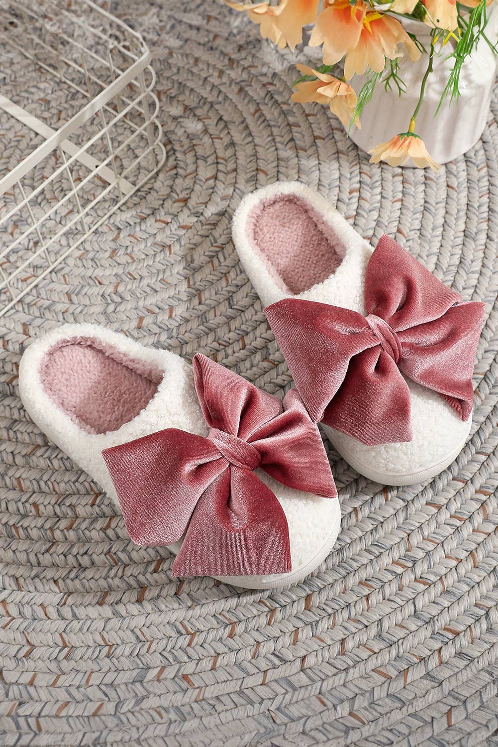 Pink Bow Plush Slippers