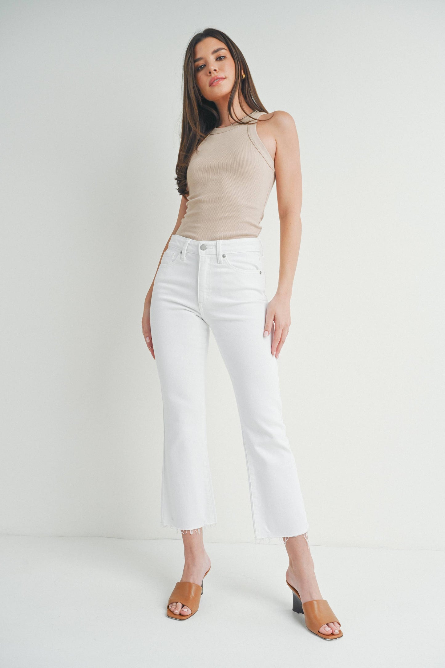 High Rise Crop Flare Jeans w/ Distressed Hem