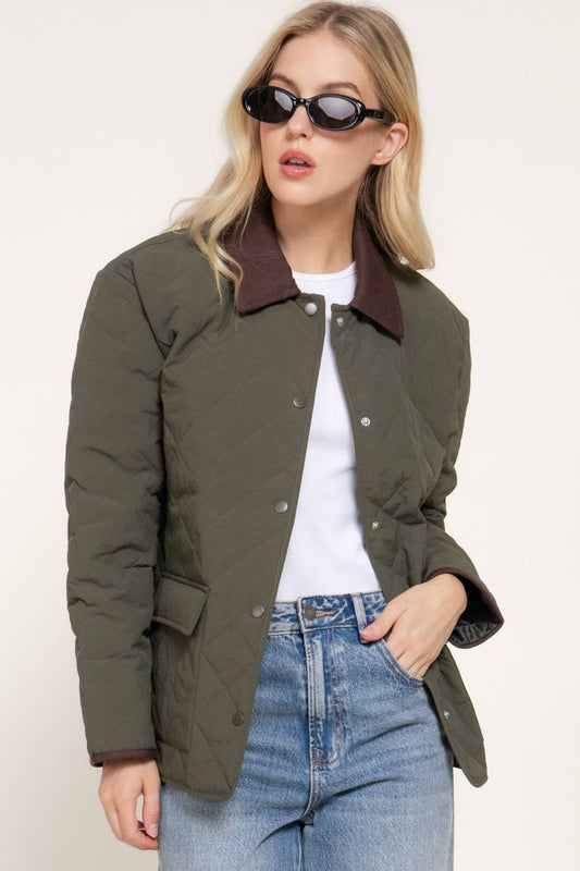 Olive Lapel Collar Quilted Puffer Jacket