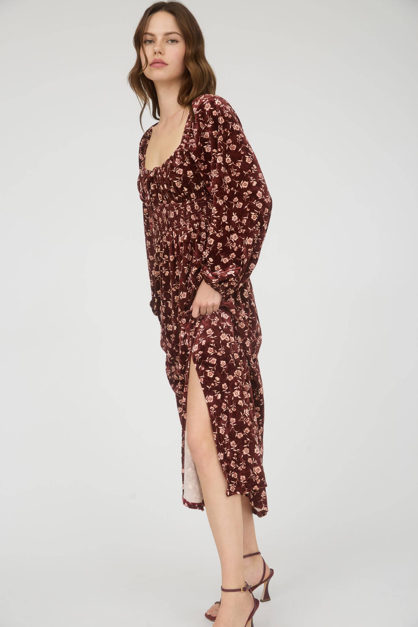 Floral Long Sleeve Front Tie Midi Dress