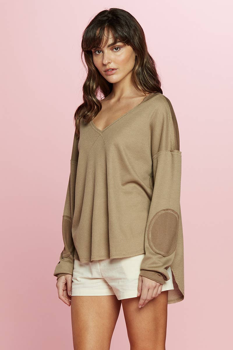Elbow Patch Waffle Knit Long Sleeve Top
