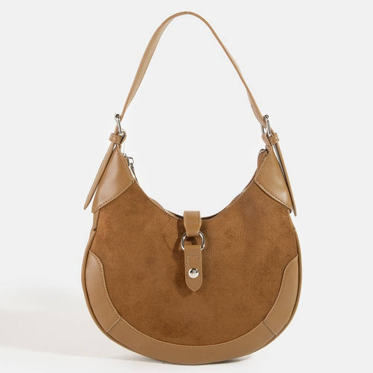 Leather Accent Suede Crescent Shoulder Bag
