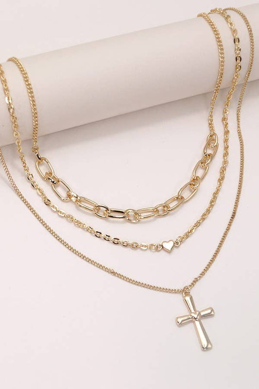 Cross Pendant Multi Layered Necklace