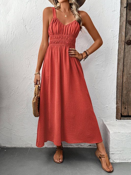 Rust Red Ruched Smocked Waist Maxi Dress