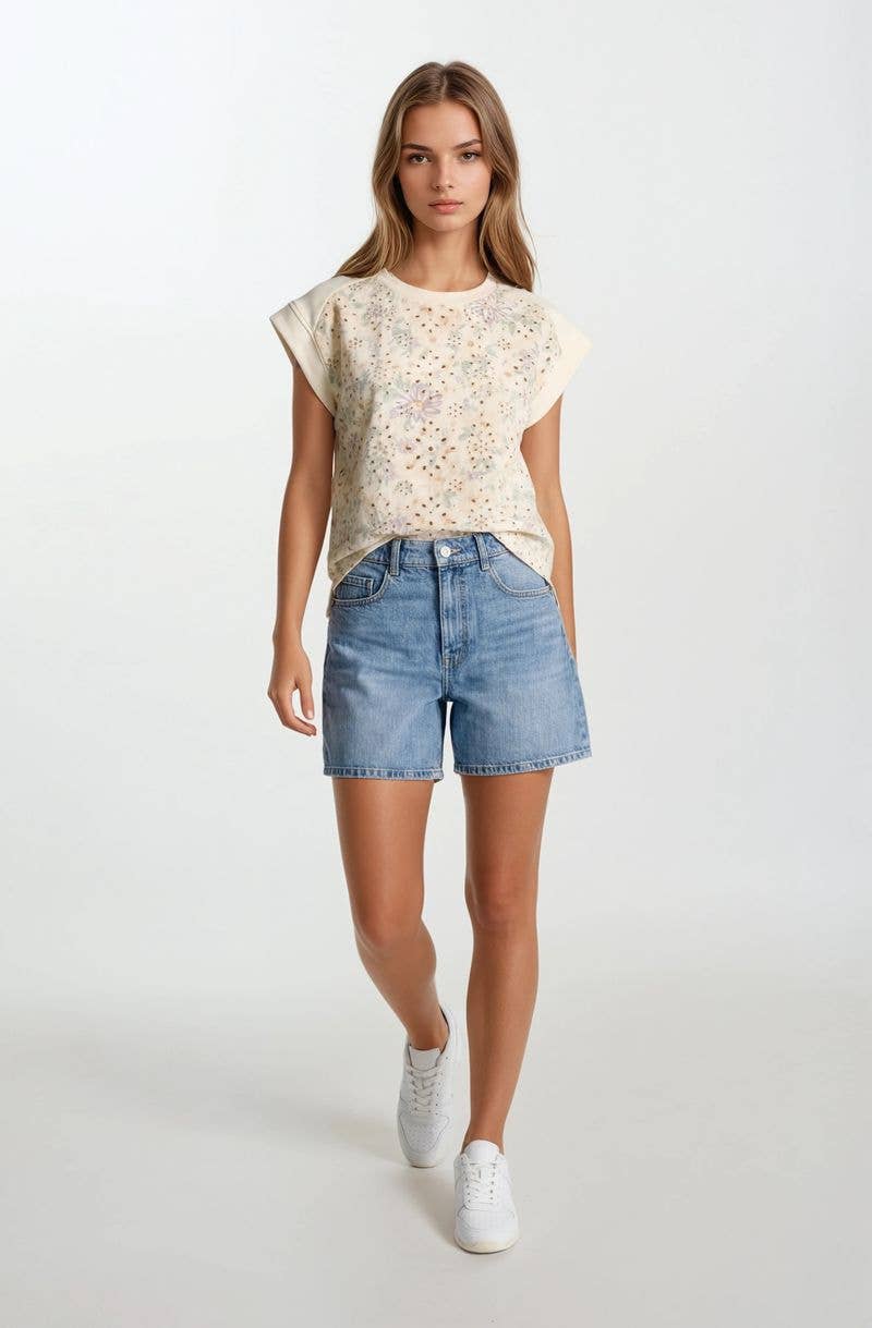 Floral Embroidered Butter Flower Print Top