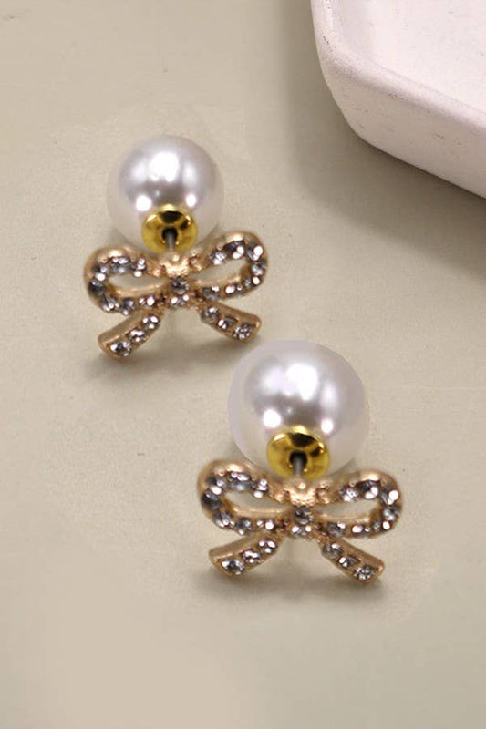 Double Rhinestone Bow Pearl Earrings