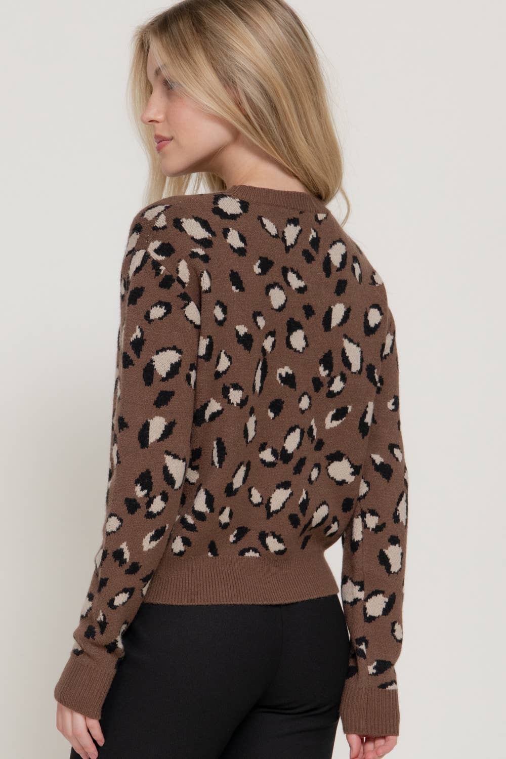 Brown Crew Neck Animal Jacquard Sweater