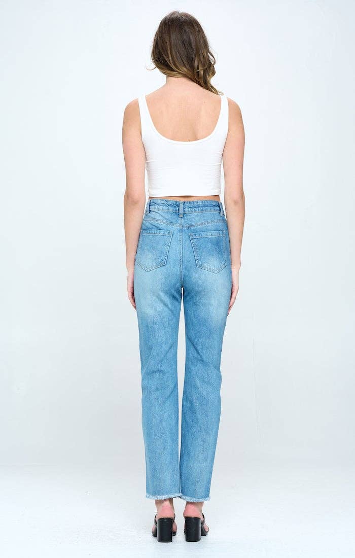 HIGH WAISTED FRAYED HEM CROPPED STRAIGHT JEANS