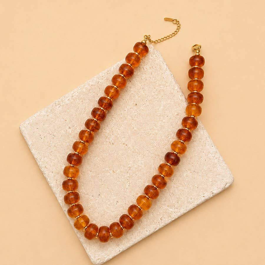 Chunky Amber-Tone Barrel Bead Necklace