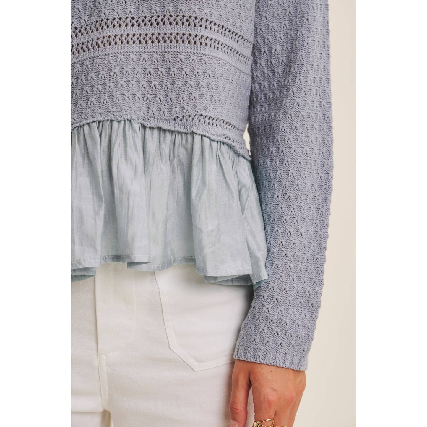 Slate Blue Ruffle Hem Crochet Sweater