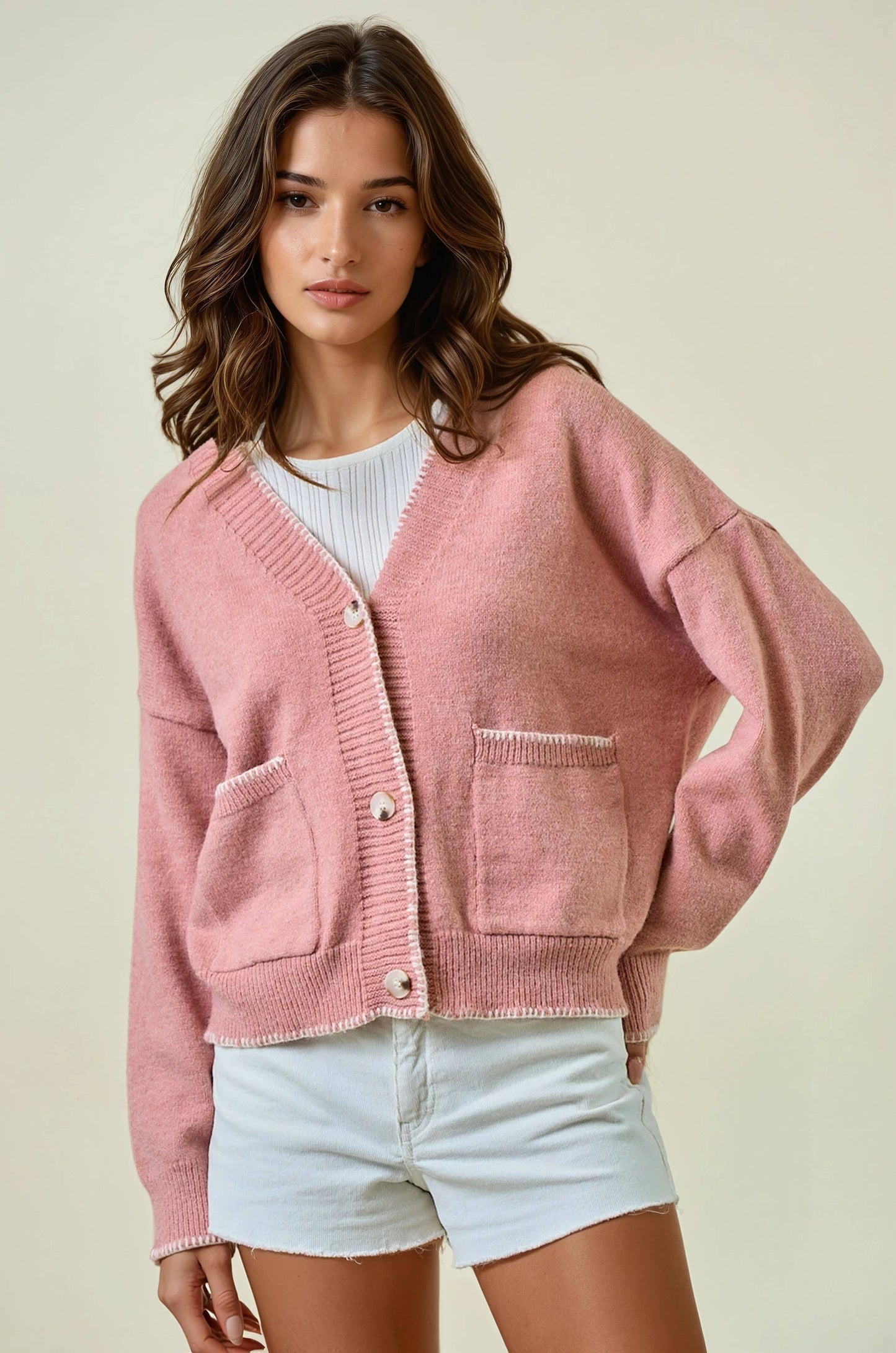 Contrast Stitch Pocket Cardigan Sweater