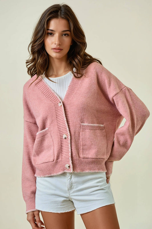 Contrast Stitch Pocket Cardigan Sweater