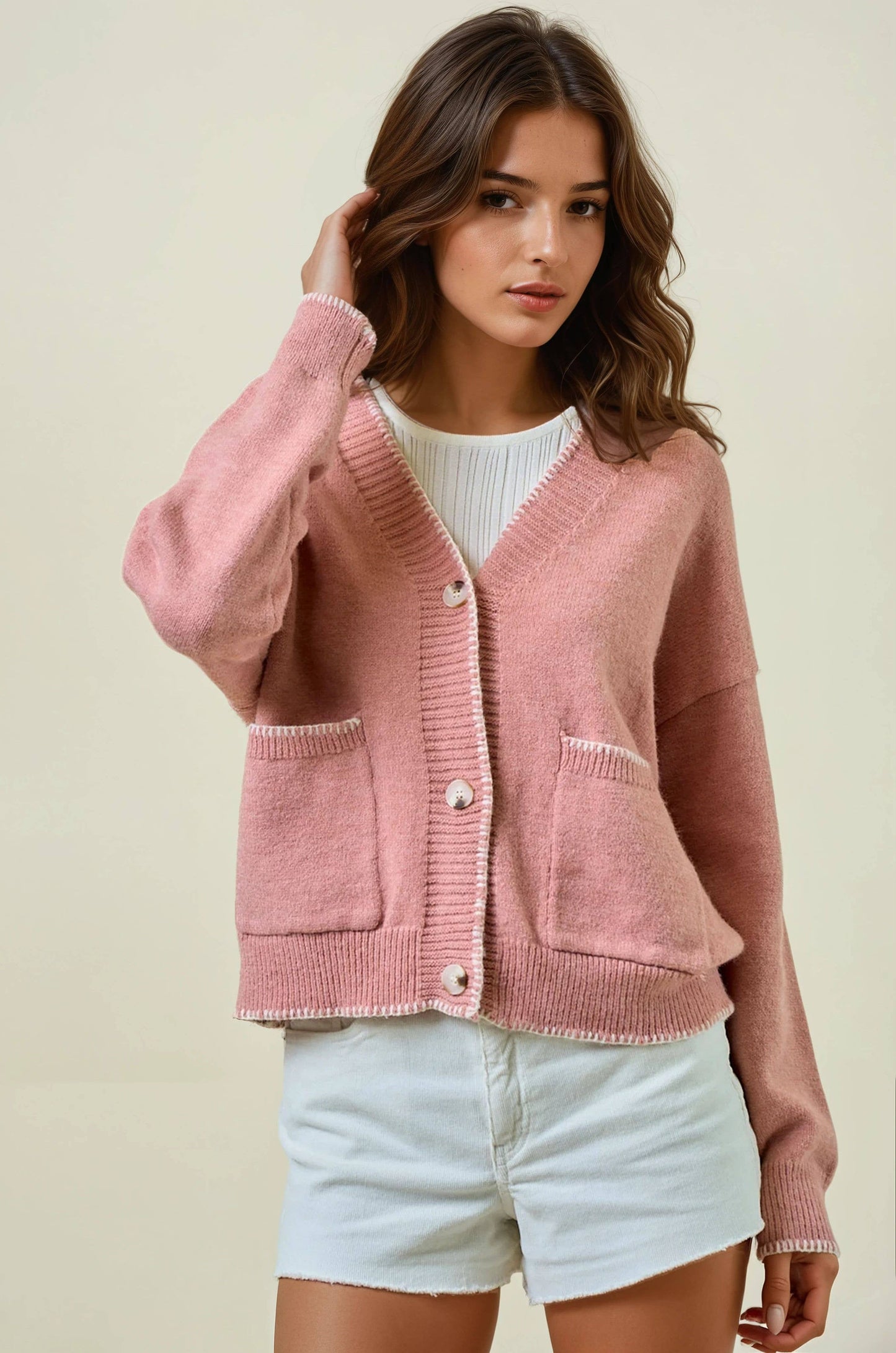 Contrast Stitch Pocket Cardigan Sweater