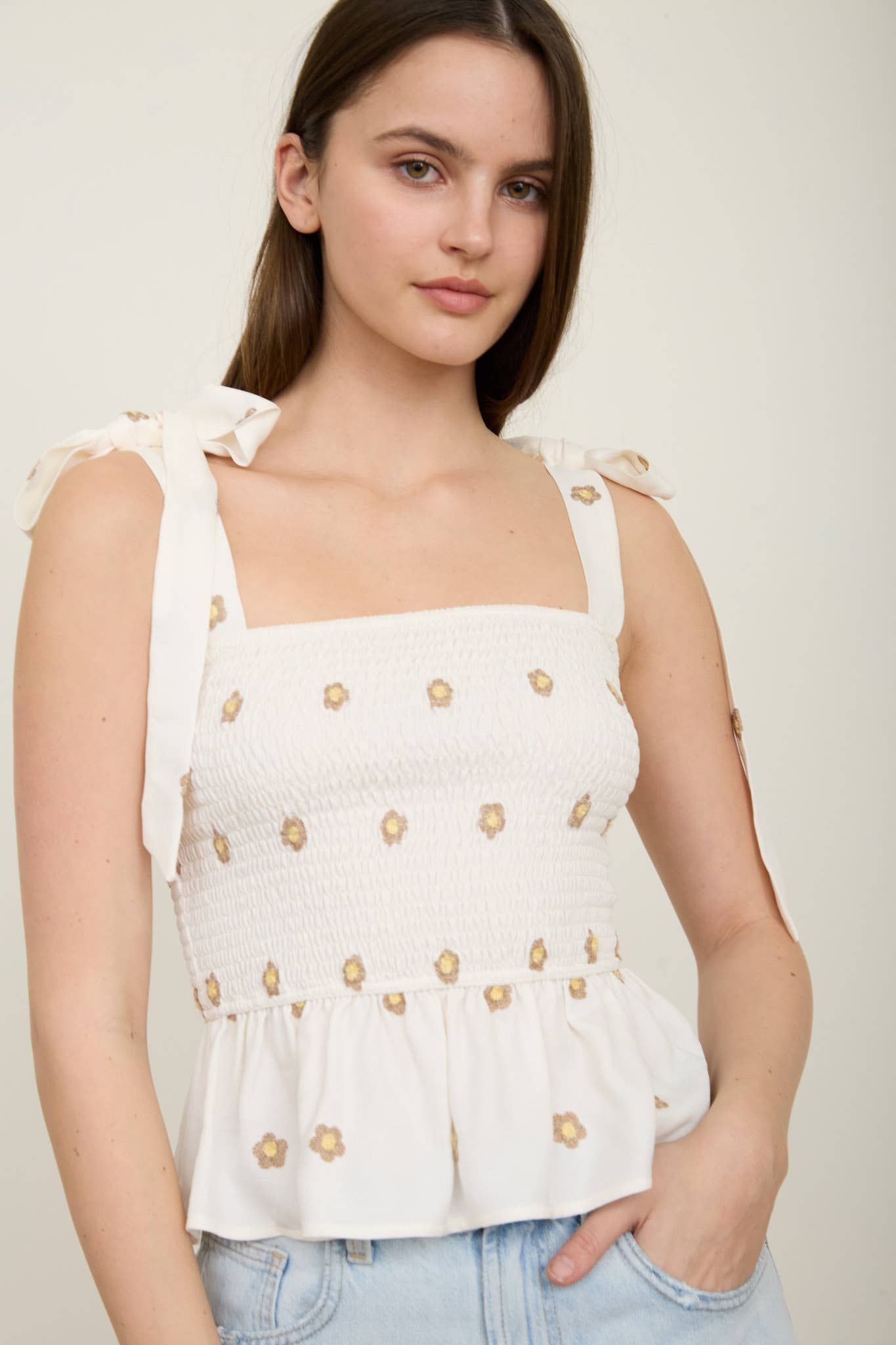 Daisy Embroidered Smocked Tie Strap Top