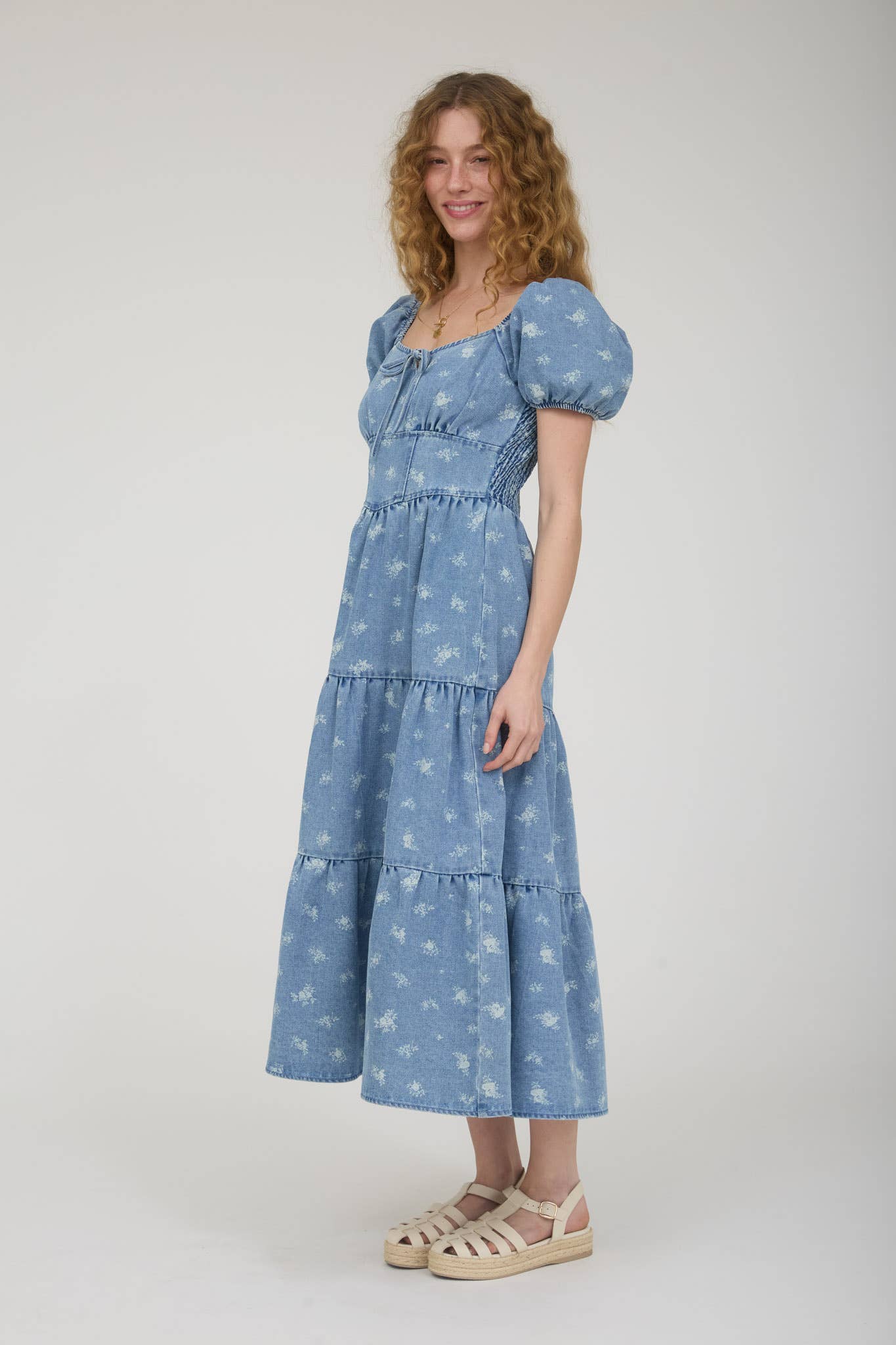 Floral Washed Denim Corset Tiered Dress