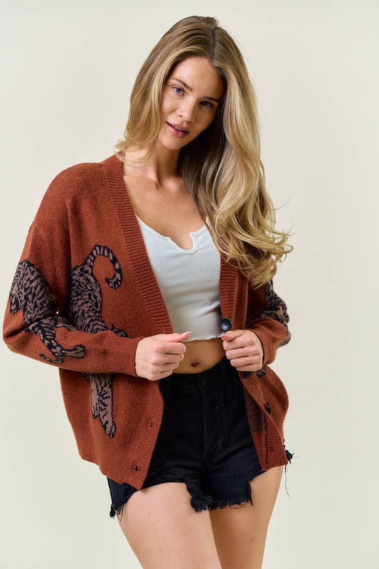 Tiger Printed Cardigan Button Sweater