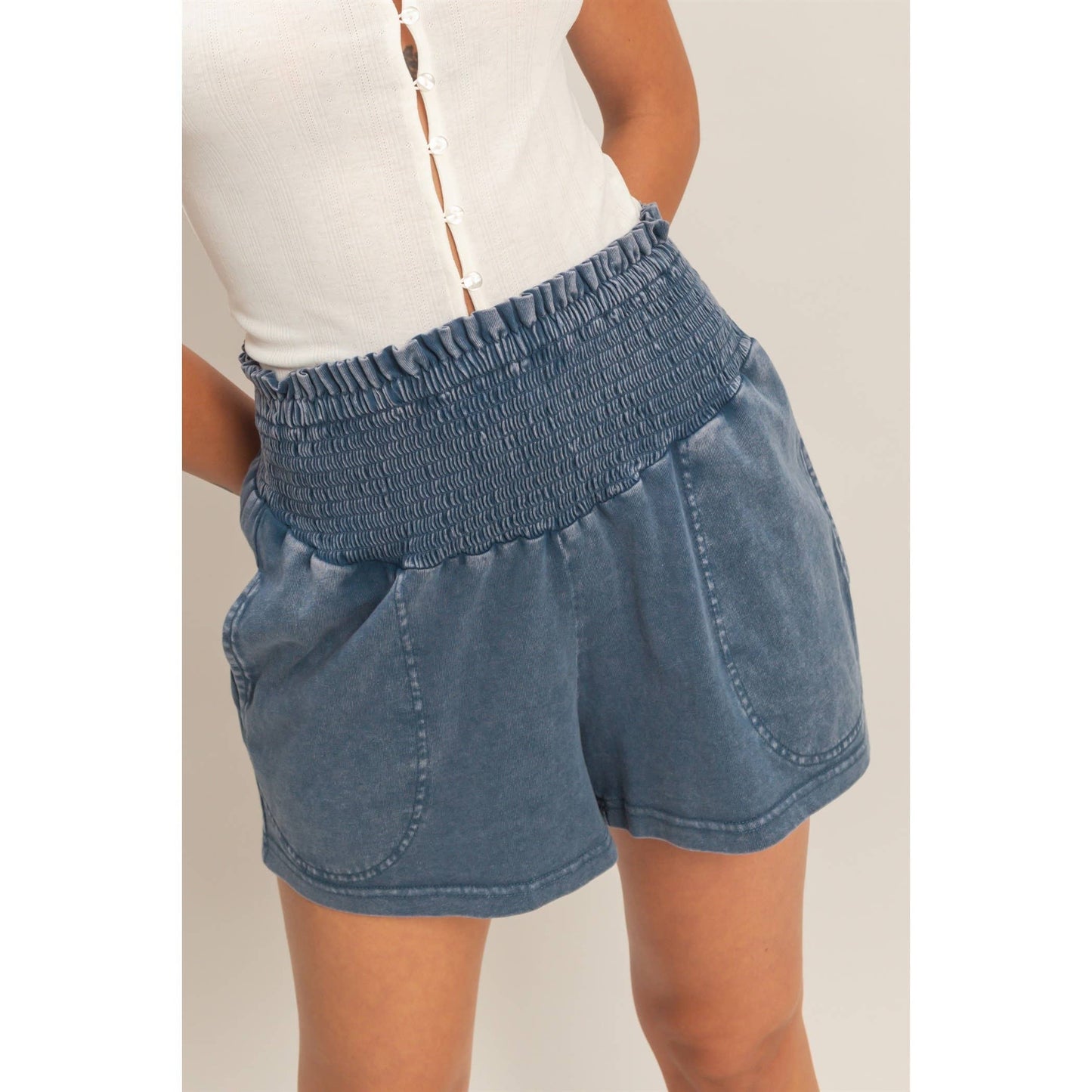 Navy Smocked Waist Mineral Wash Shorts