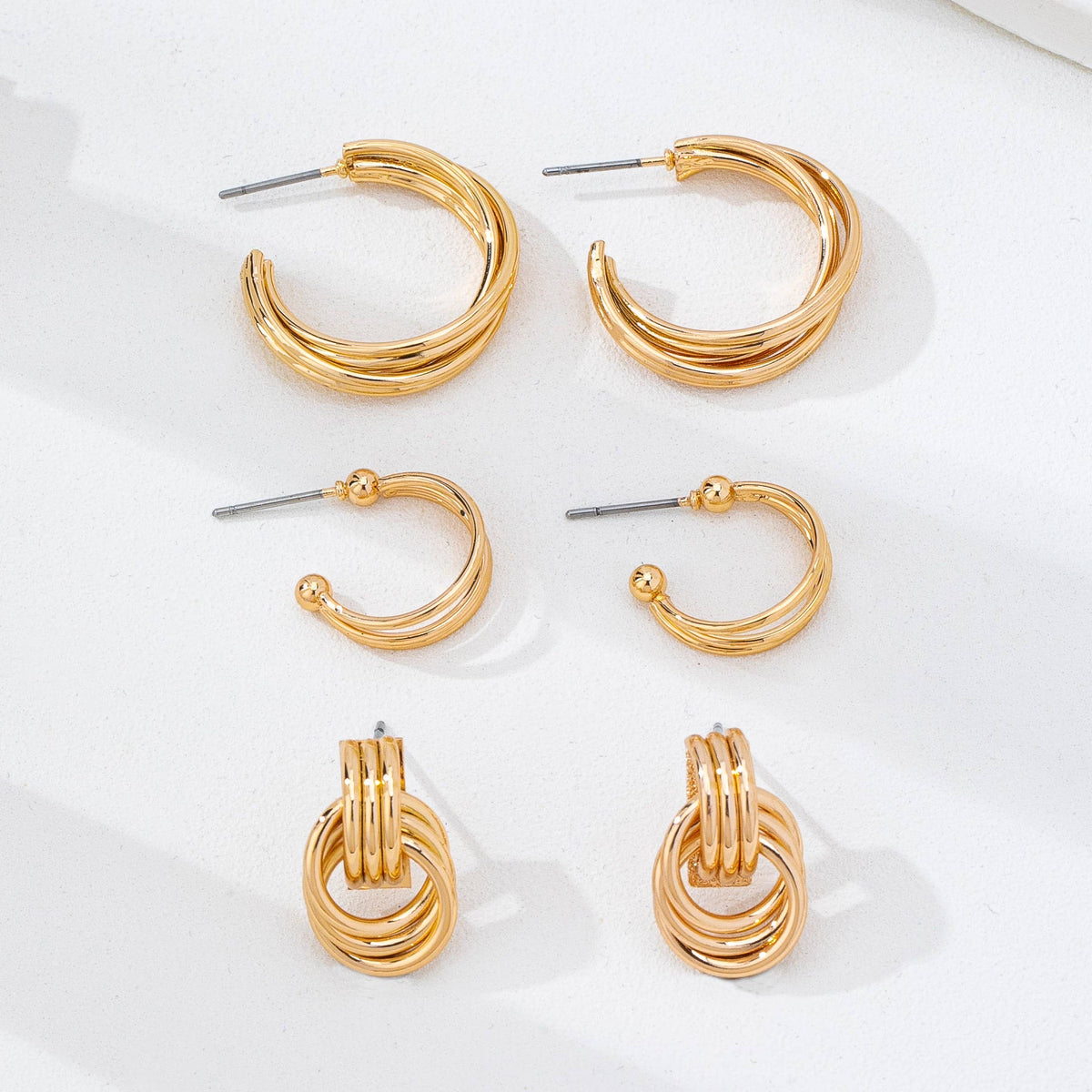 Gold Multi-Line Hoop Earring Set