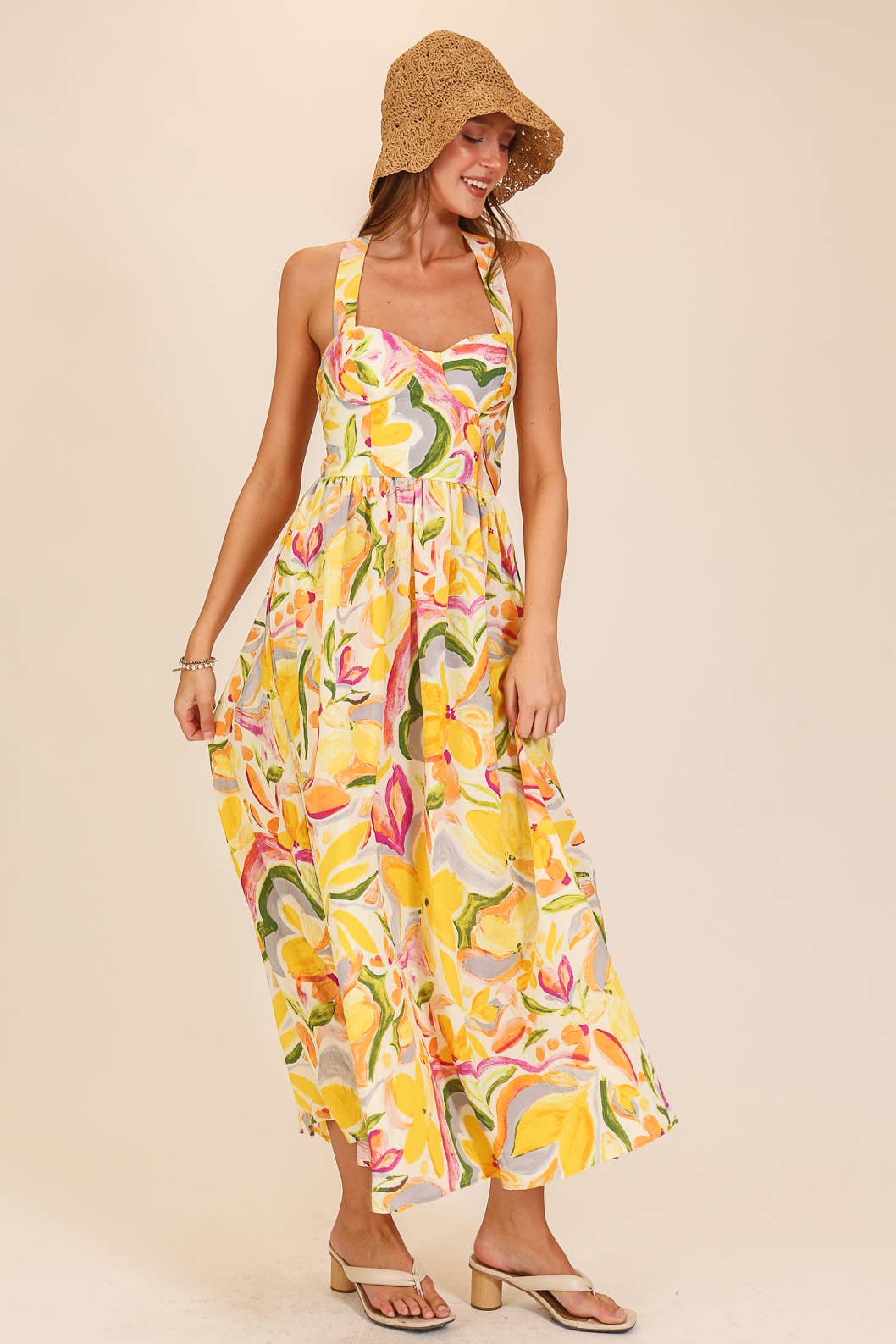 Yellow Floral Lace-Up Maxi Dress