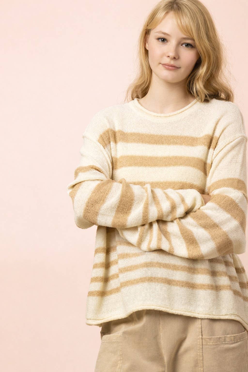 Taupe Striped Oversized Knit Summer Sweater Top