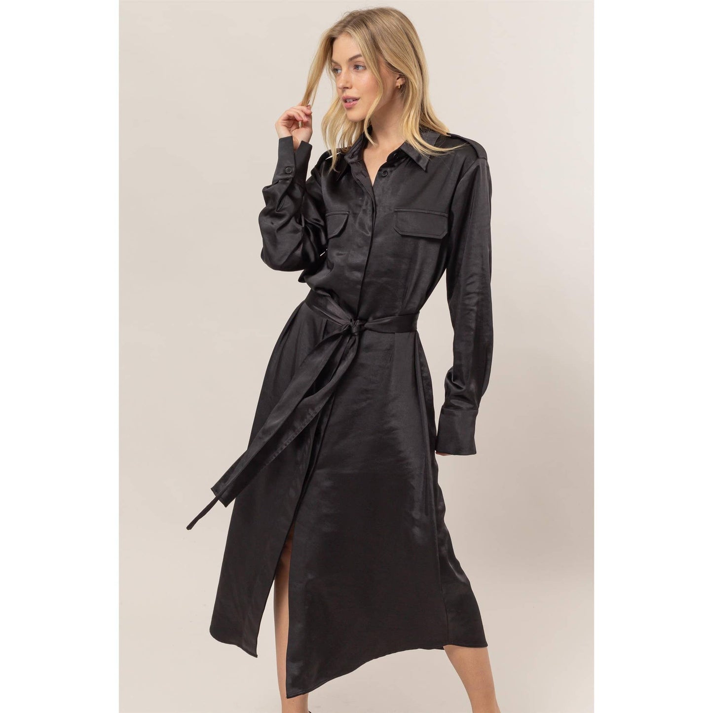 Black Satin Belted Midi Dress