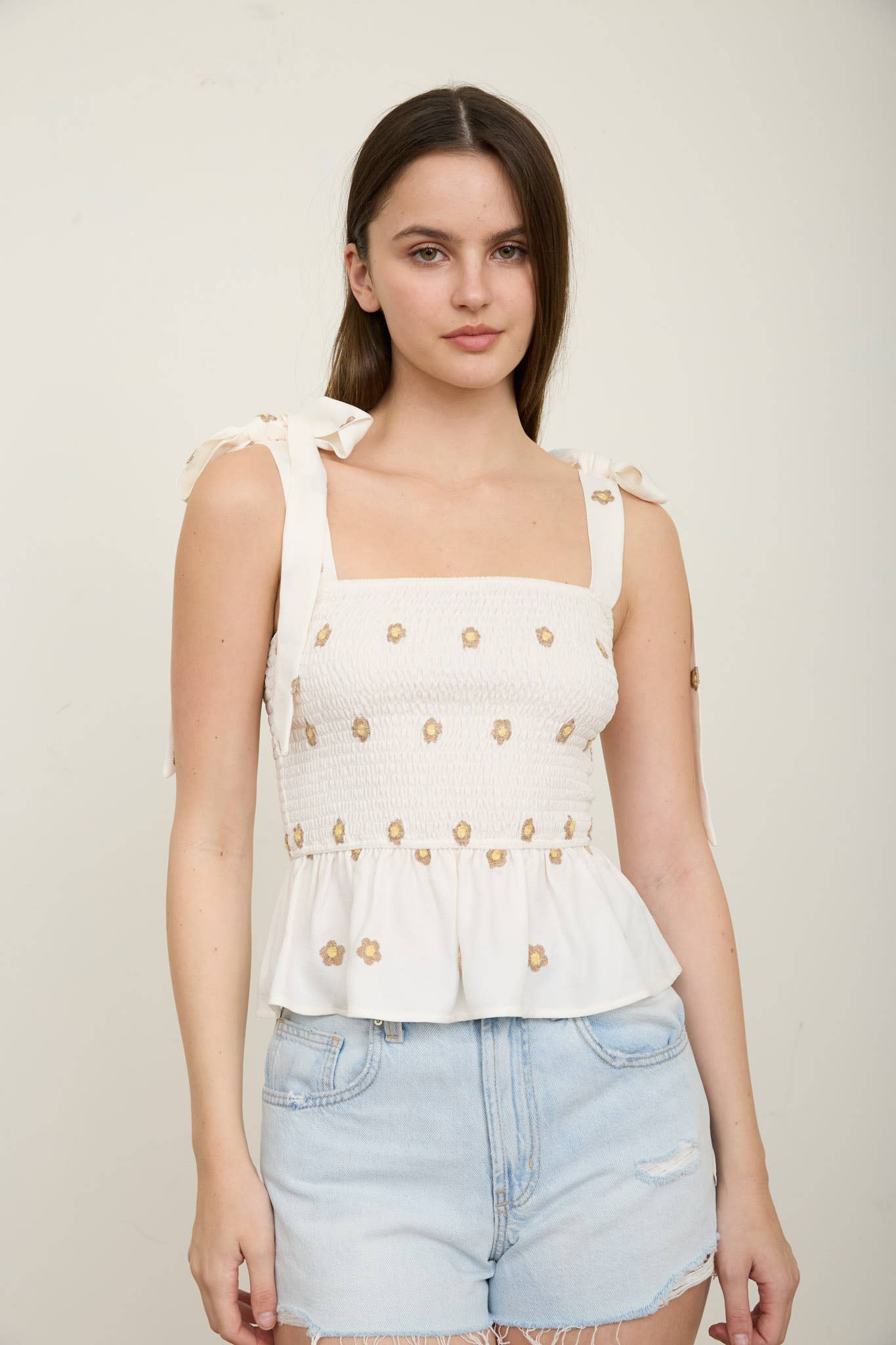 Daisy Embroidered Smocked Tie Strap Top