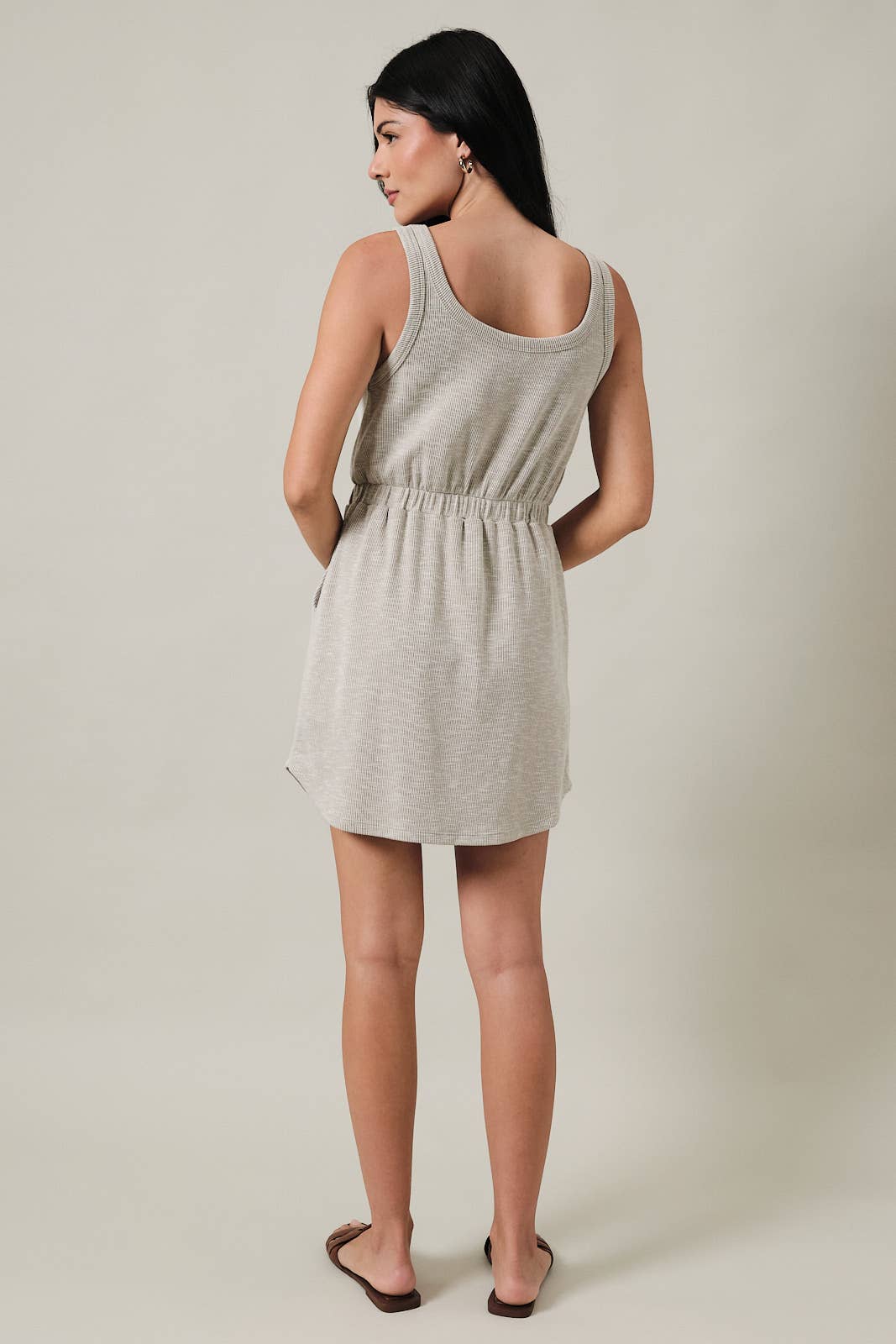 Sand Scoop Neck Elastic Waist Dress