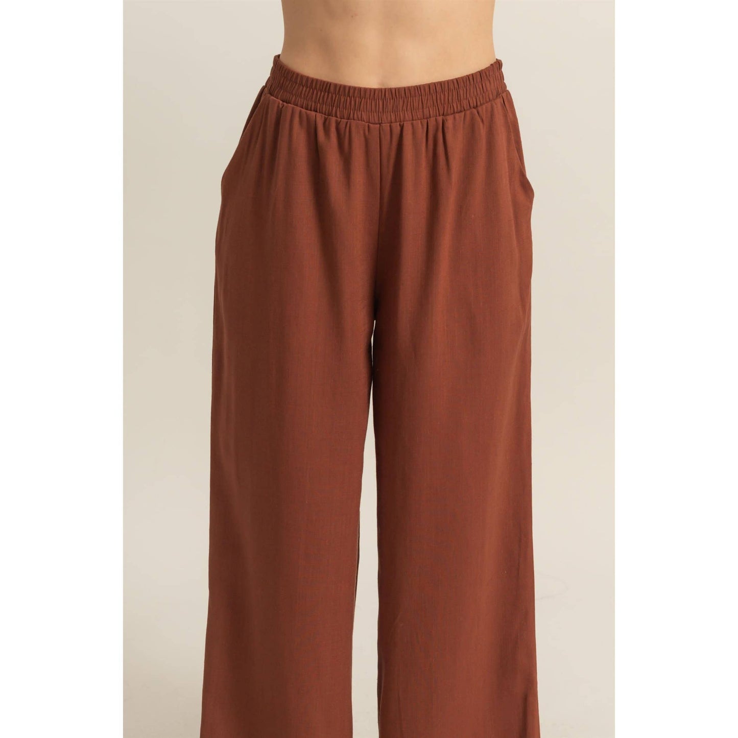 Elasticized Waist Rust Linen Pants
