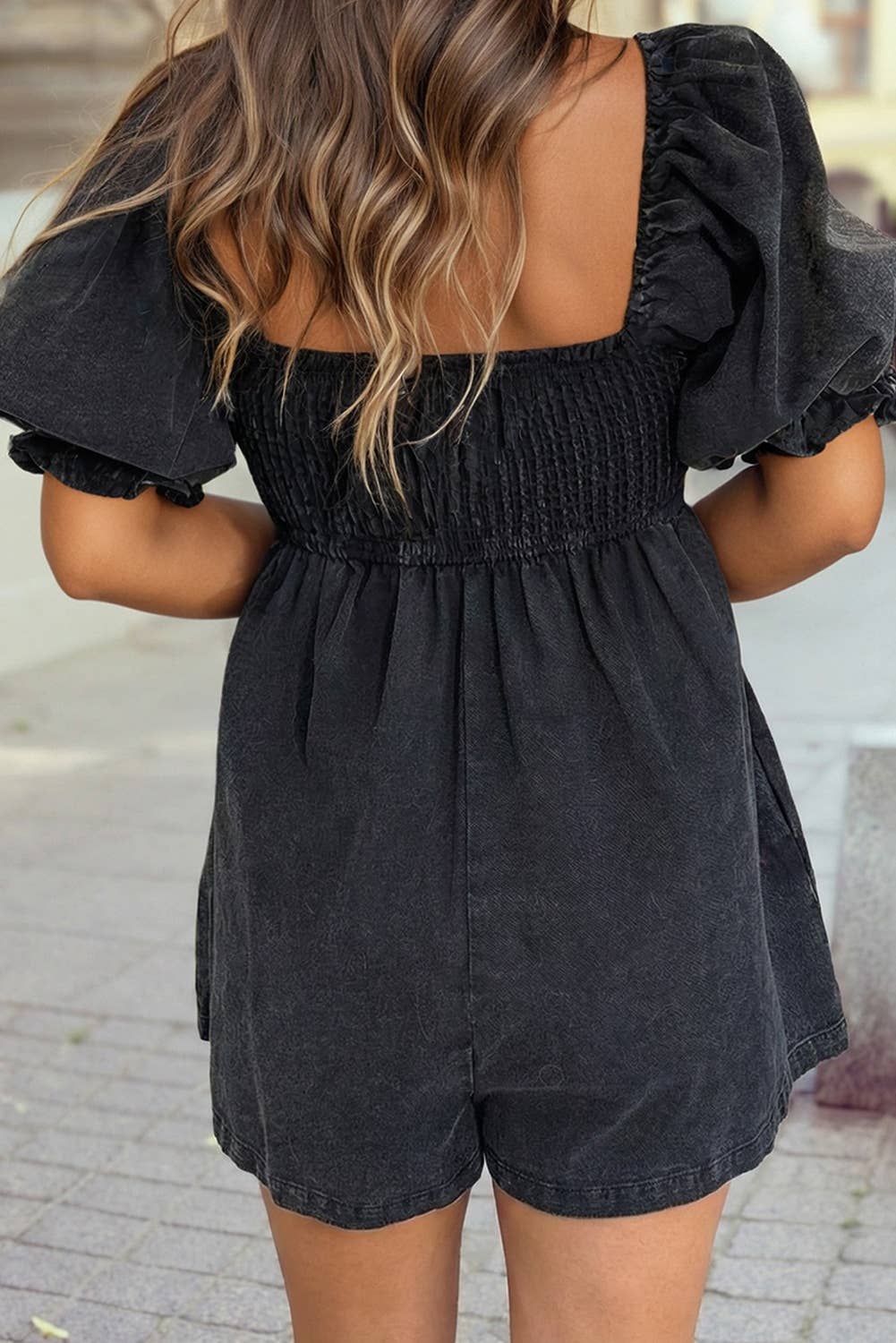 Denim Square Neck Smocked Short Puff Sleeve Flared Romper