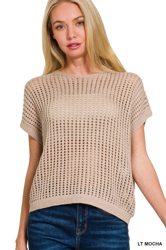 Crochet Knit Sheer Short Sleeve Hollow Sweater