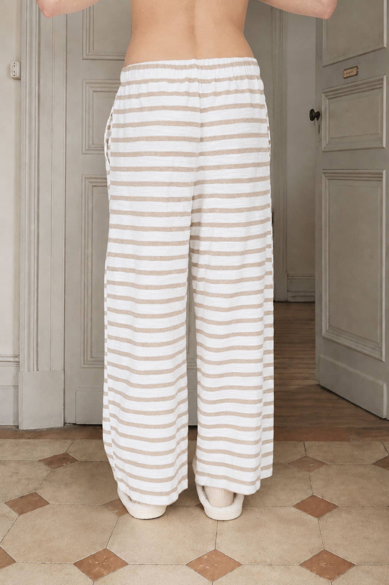 STRIPE DRAWSTRING WIDE LEG KNIT LOUNGE PANTS