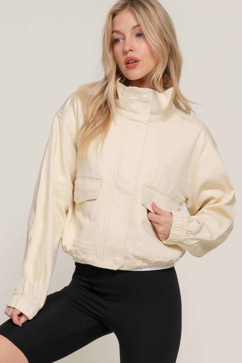 Long Sleeve High Neck Zip Twill Jacket