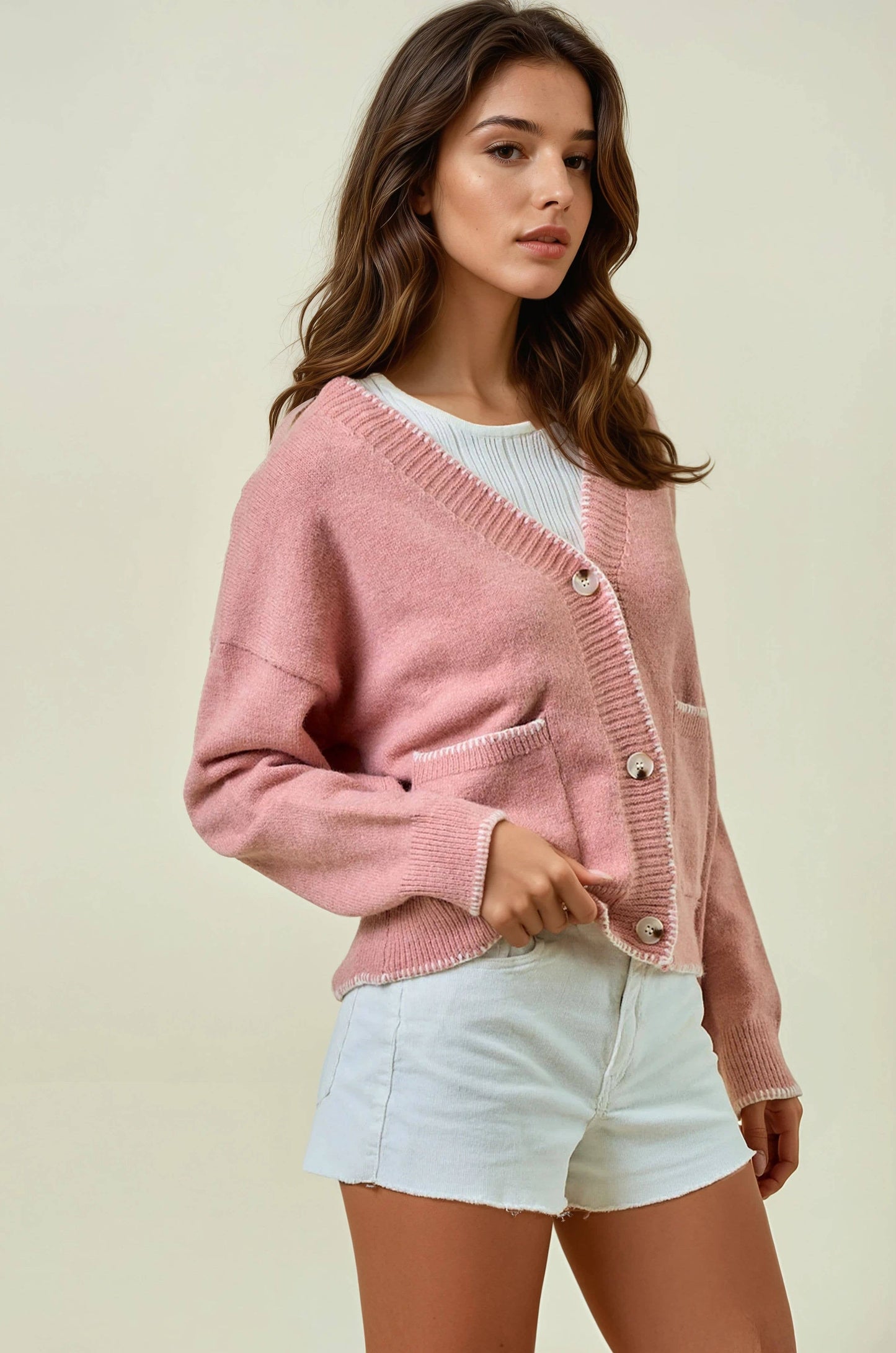Contrast Stitch Pocket Cardigan Sweater
