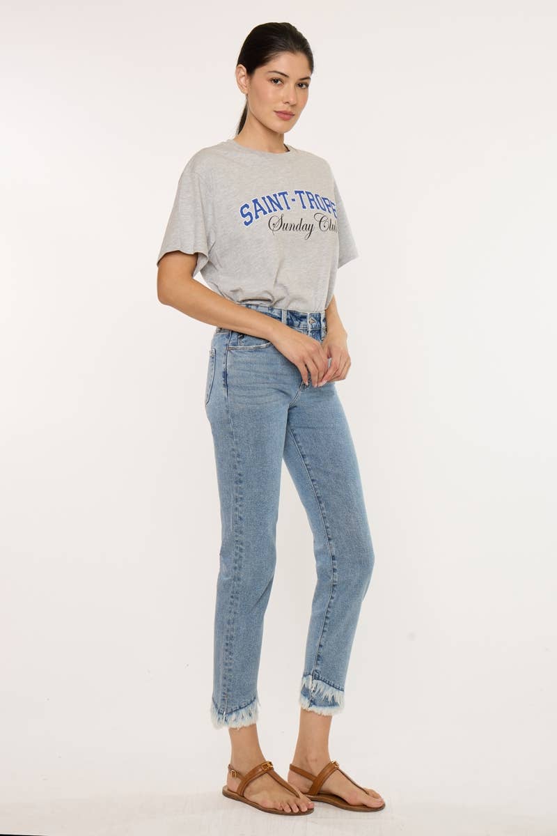 Kan Can Medium Wash High Rise Straight Frayed Hem Jeans