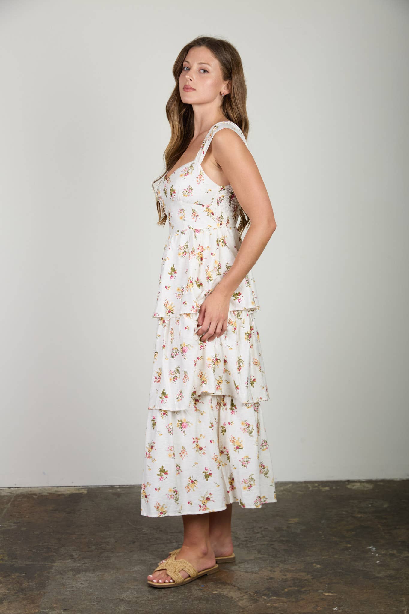 Cream Floral Ruffle Tiered Midi Dress